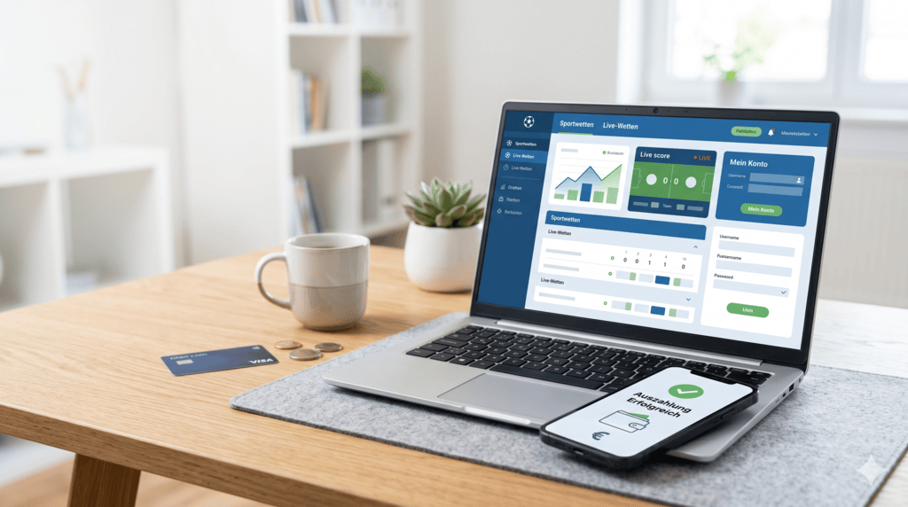 Ein Laptop zeigt ein Sportwetten-Portal von einem Wettanbieter ohne OASIS, daneben liegt ein Smartphone mit einer Bestätigung über eine erfolgreiche Auszahlung, Münzen und eine Kreditkarte auf einem hellen Holzschreibtisch.