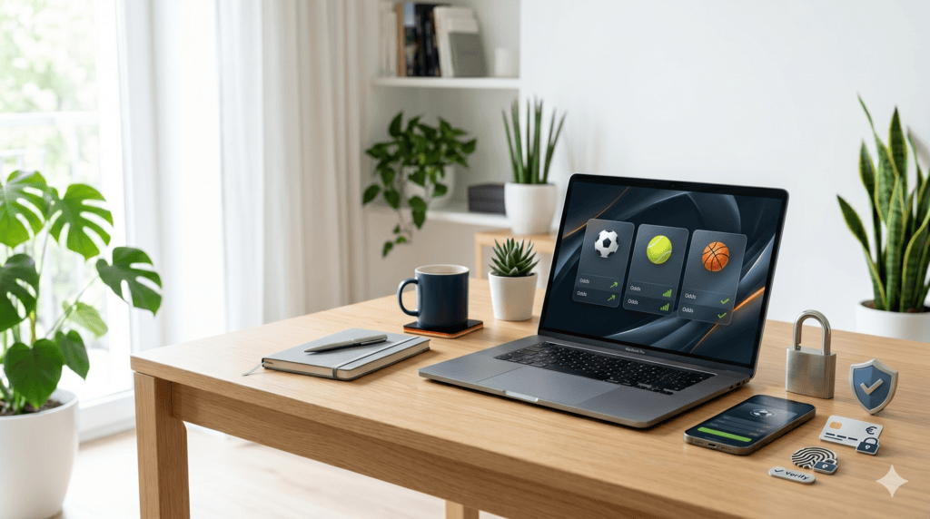 Ein moderner Laptop auf einem Holztisch zeigt Sportwetten-Icons für Fußball, Tennis und Basketball, ideal für Nutzer, die einen Wettanbieter ohne OASIS suchen und Wert auf Privatsphäre sowie Sicherheit beim Online-Wetten legen.